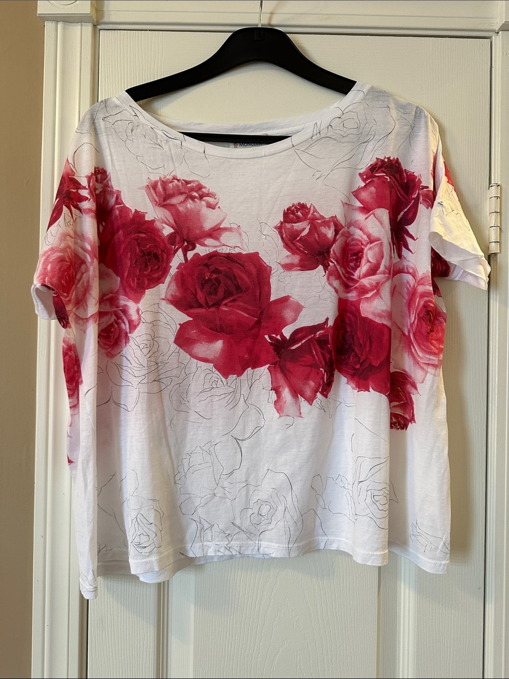 Moncler White Tee with Deep Pink Rose Print